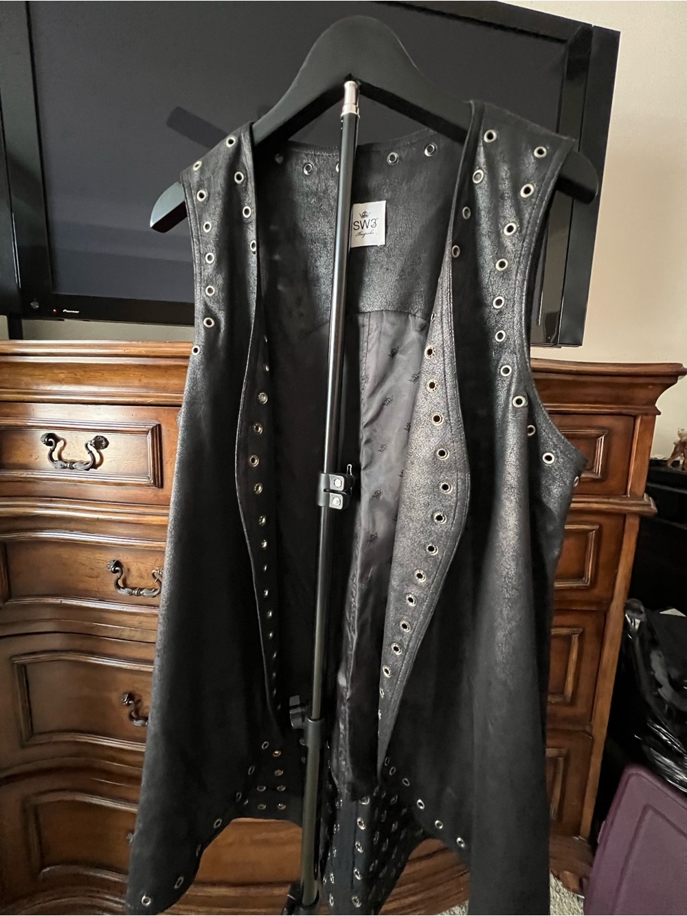 SW3 Bespoke Black Faux Leather Hooded Grommet Vest